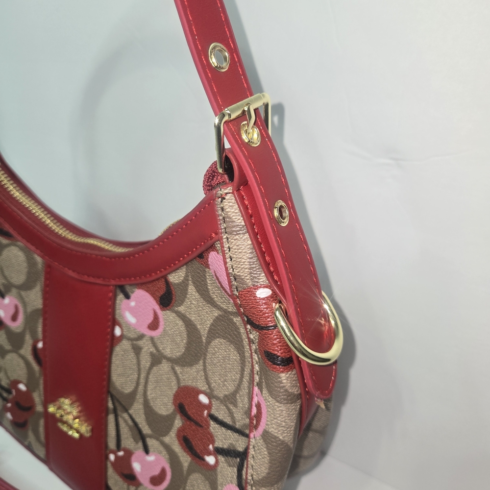 COACH Cherry-Print Signature Canvas Hobo Bag in Red - Picture 4 of 7